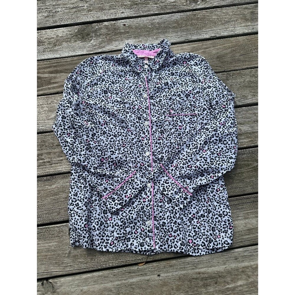 Victoria Secret Sleep Shirt Button Down Medium Grey Leopard Pink Long Sleeve